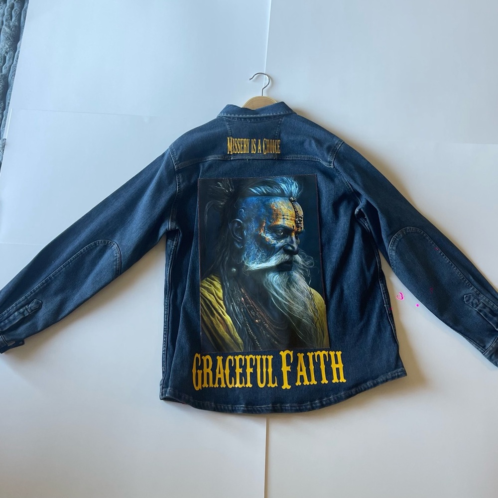 Graceful Faith Denim Jacket - Unique Artistic Design XL
